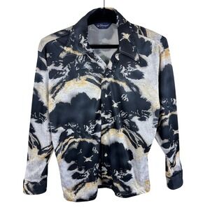 Vintage Donegal 70s Abstract Print Button Down Shirt Black Gold Men's Size Large